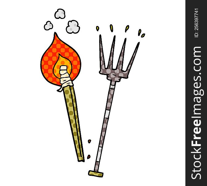 cartoon pitchfork and burning brand. cartoon pitchfork and burning brand