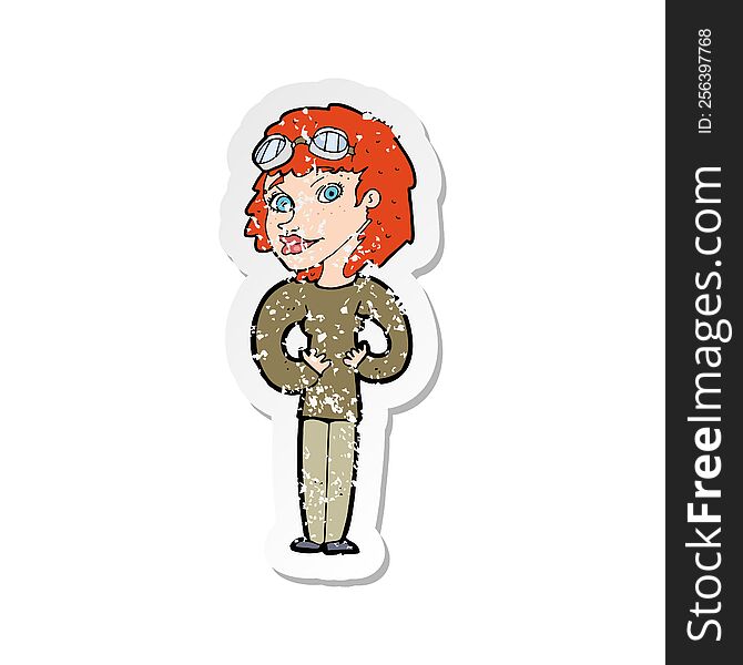 Retro Distressed Sticker Of A Cartoon Aviator Woman