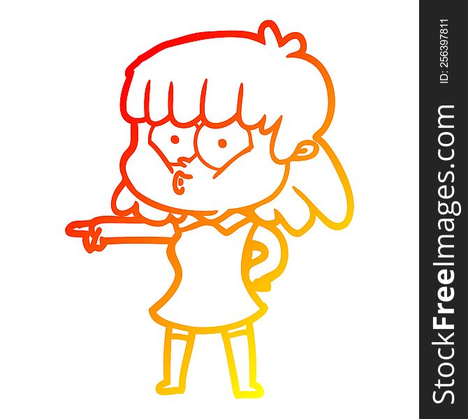 warm gradient line drawing of a cartoon whistling girl pointing