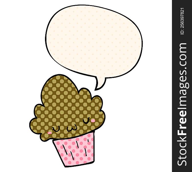Cartoon Cupcake And Face And Speech Bubble In Comic Book Style