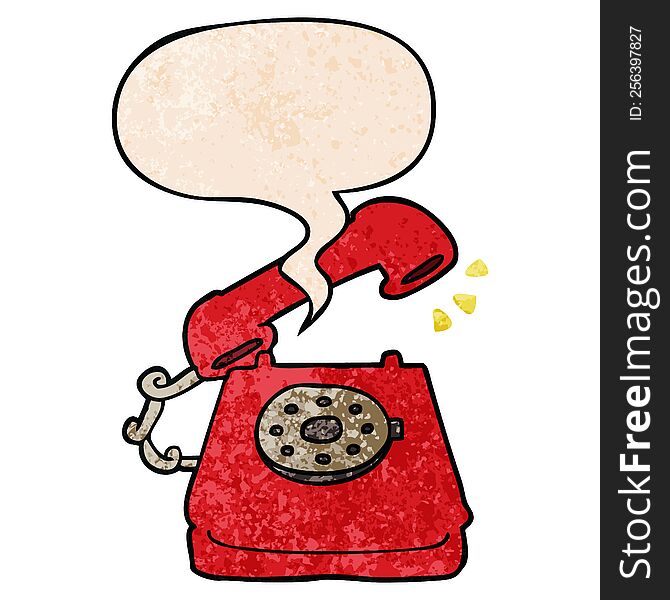 cartoon ringing telephone with speech bubble in retro texture style