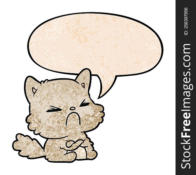 Cute Cartoon Angry Cat And Speech Bubble In Retro Texture Style
