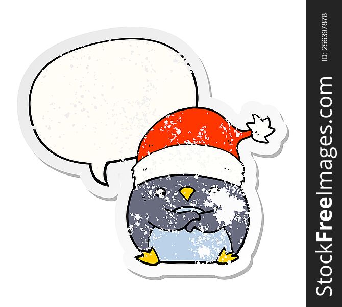 Cute Cartoon Penguin Wearing Christmas Hat And Speech Bubble Distressed Sticker