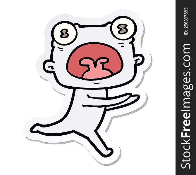 sticker of a cartoon weird alien running away