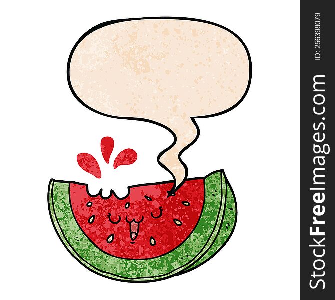 cartoon watermelon with speech bubble in retro texture style