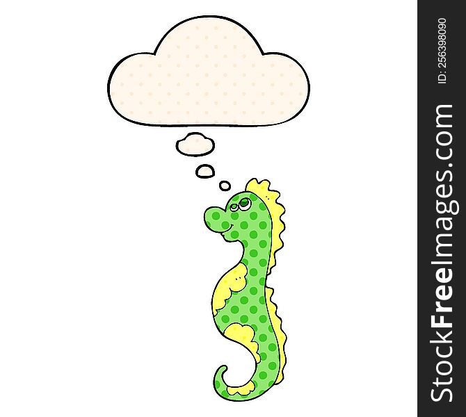 cartoon sea horse with thought bubble in comic book style