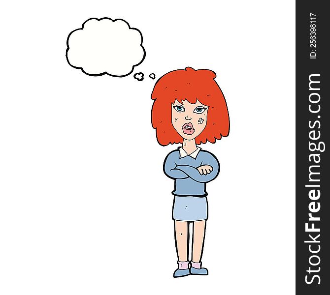 Cartoon Tough Woman With Folded Arms With Thought Bubble