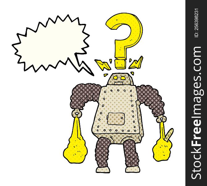 freehand drawn comic book speech bubble cartoon confused robot carrying shopping