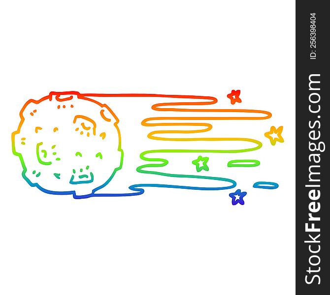 rainbow gradient line drawing of a cartoon flying asteroid
