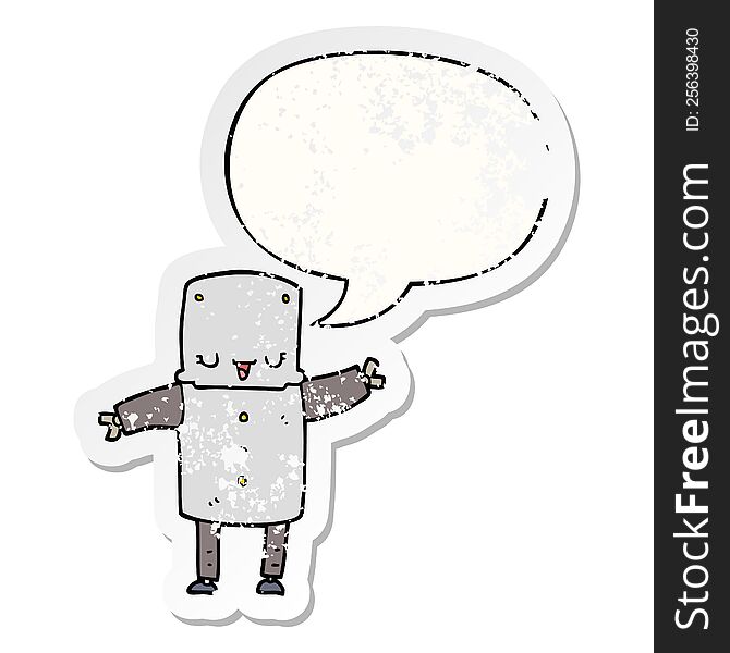 cartoon robot with speech bubble distressed distressed old sticker. cartoon robot with speech bubble distressed distressed old sticker