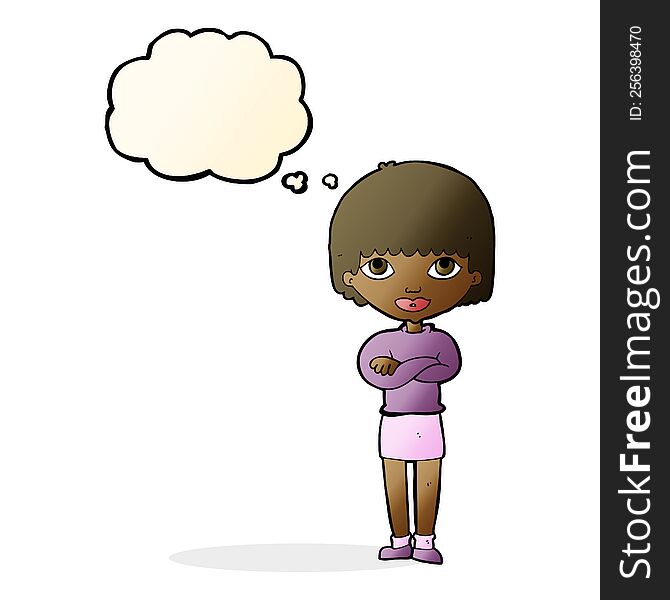 cartoon woman with folded arms with thought bubble