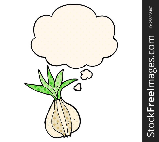 cartoon onion with thought bubble in comic book style