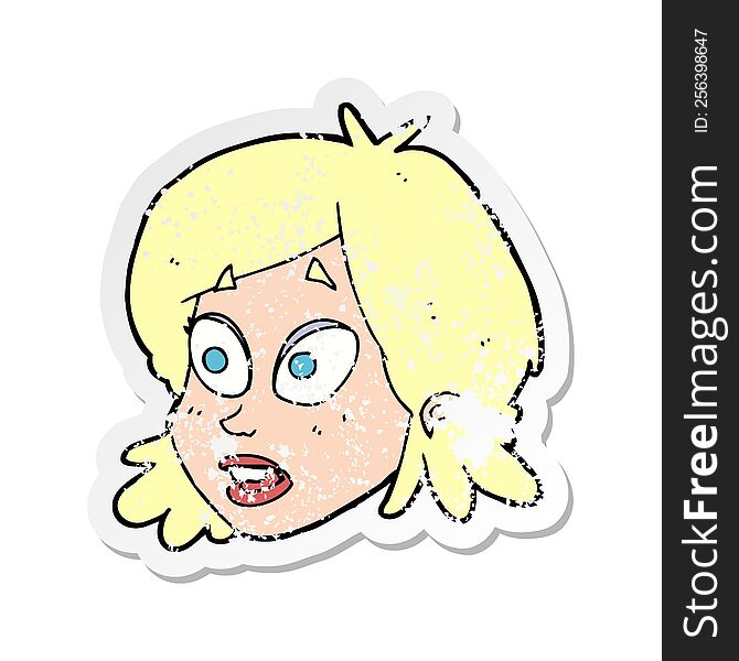 retro distressed sticker of a cartoon female face with surprised expression