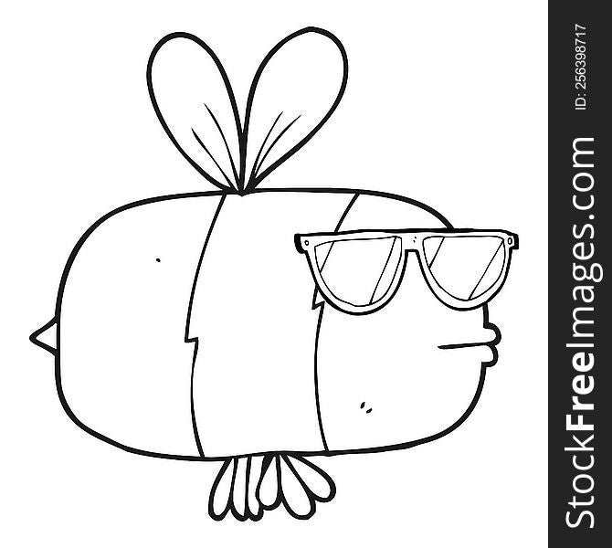 freehand drawn black and white cartoon bee wearing sunglasses