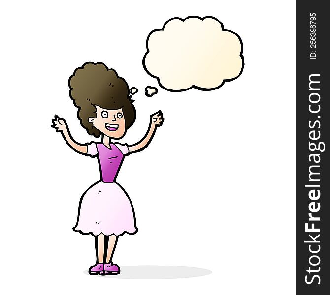 cartoon happy 1950 s woman with thought bubble