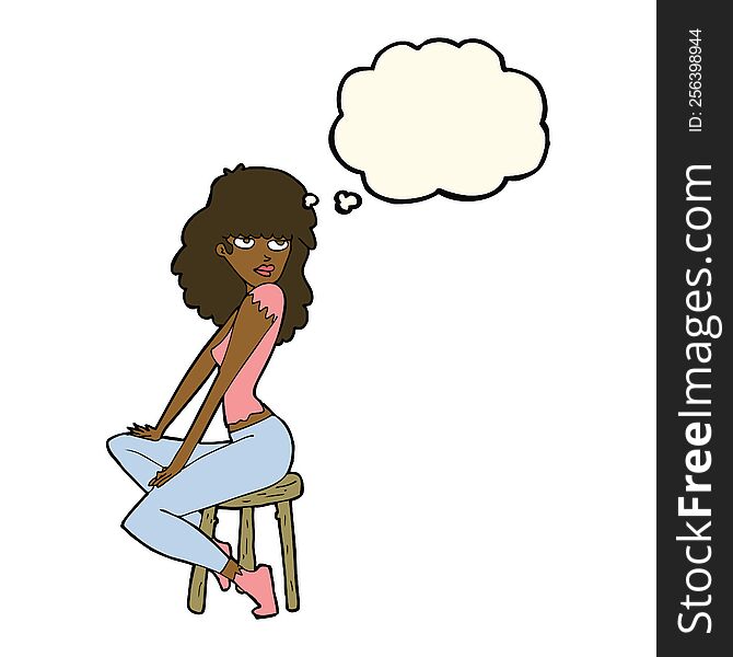 cartoon woman striking pose with thought bubble