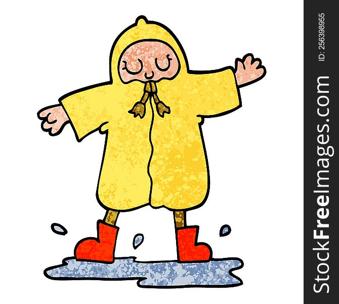 grunge textured illustration cartoon person splashing in puddle wearing rain coat