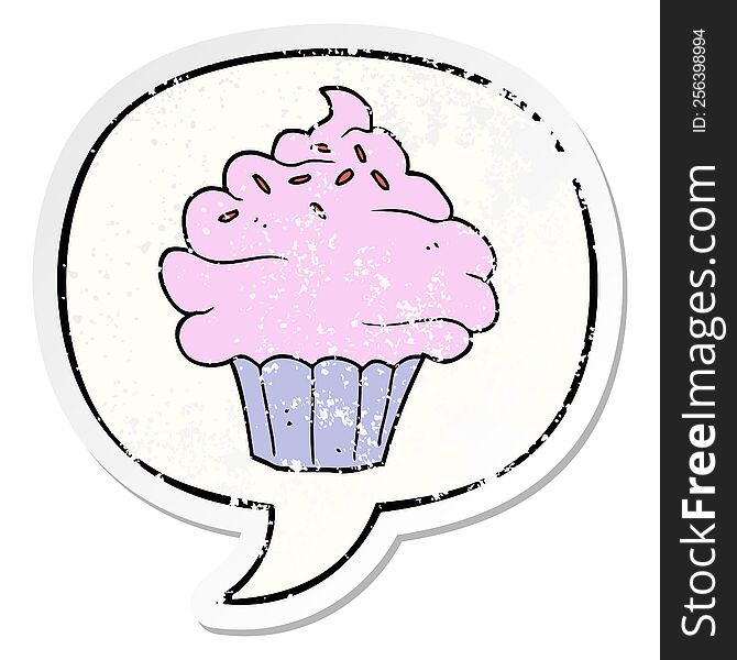 Cartoon Cupcake And Speech Bubble Distressed Sticker