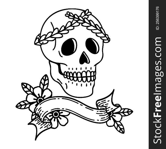 traditional black linework tattoo with banner of a skull with laurel wreath crown