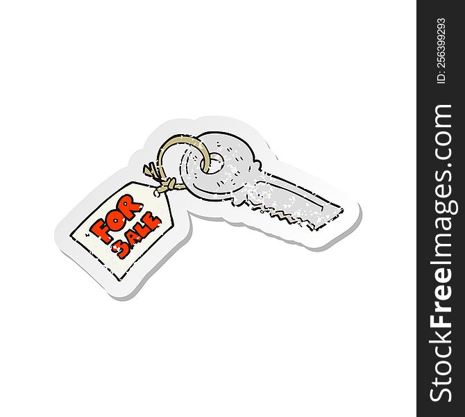 Retro Distressed Sticker Of A Cartoon House Key With For Sale Tag