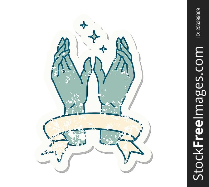 Grunge Sticker With Banner Of Reaching Hands