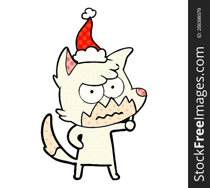hand drawn comic book style illustration of a annoyed fox wearing santa hat