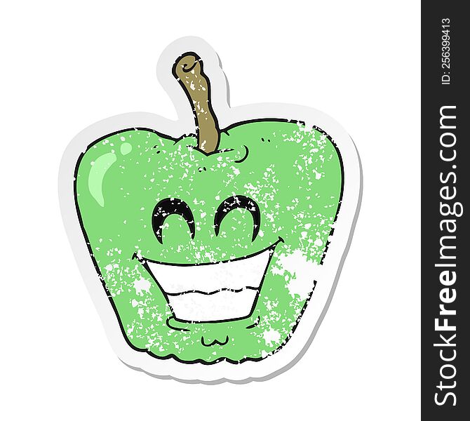 Retro Distressed Sticker Of A Cartoon Grinning Apple