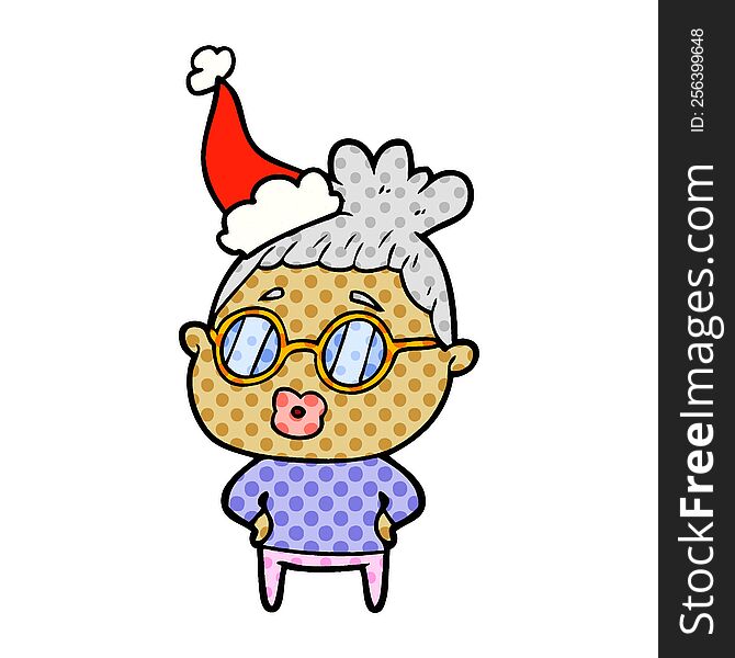 comic book style illustration of a librarian woman wearing spectacles wearing santa hat