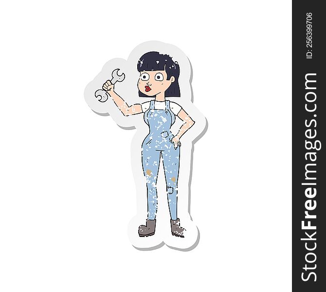Retro Distressed Sticker Of A Cartoon Mechanic Woman