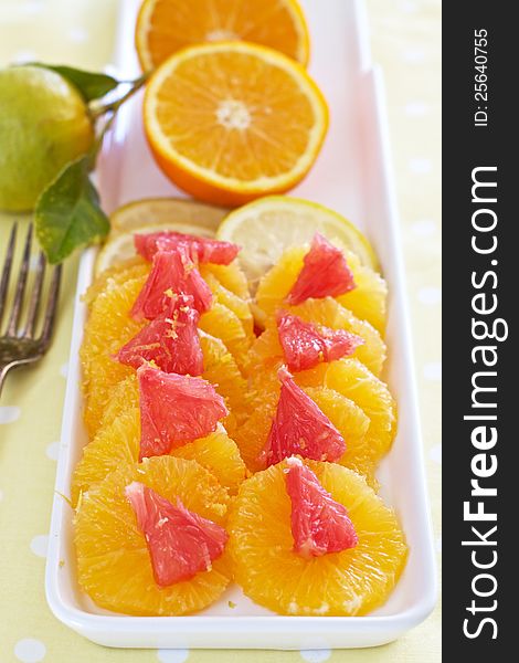 Citrus breakfast of sliced oranges and grapefruit