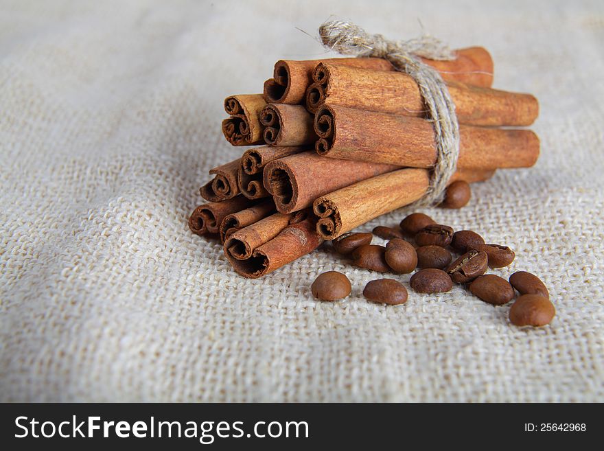 Cinnamon sticks and coffee beans on cotton canvas