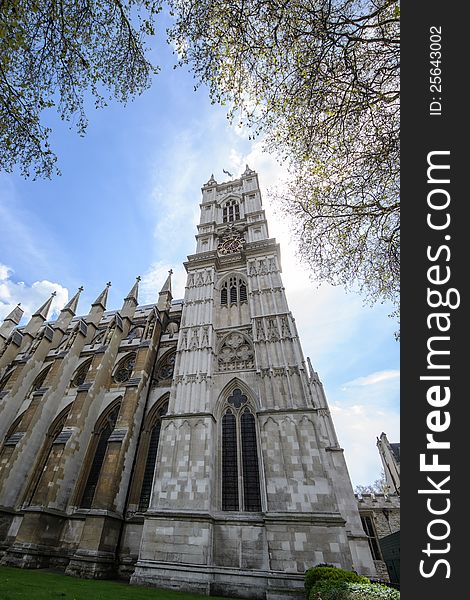 Northern facade of Westminster Abbey in London. The abbey is the venue for many royal occasions such as weddings, coronations and burials.