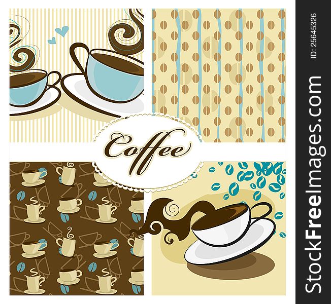 Set of coffee designs with patterns. Vector illustration. Set of coffee designs with patterns. Vector illustration