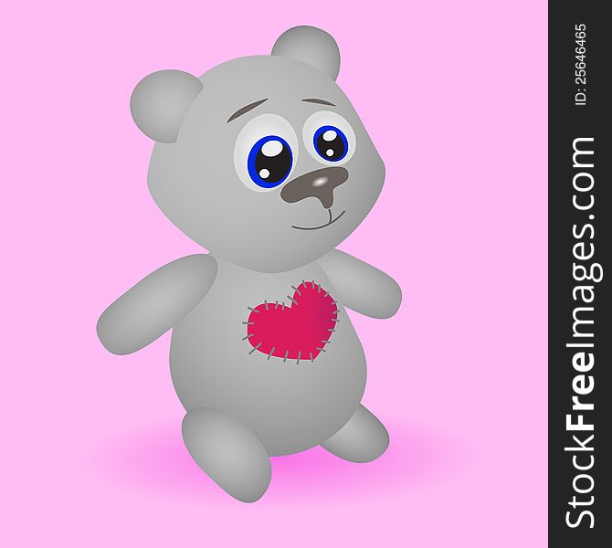 Teddy Bear with a heart sewn isolated on pink background