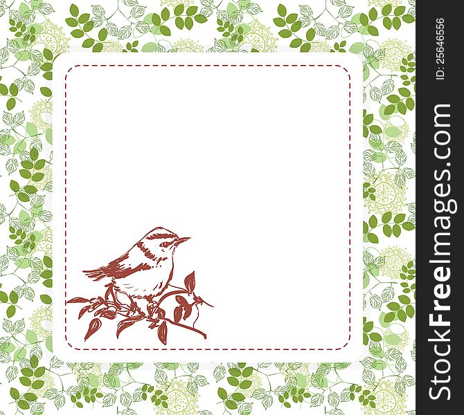 Vector summer background with leaves and bird for card. Vector summer background with leaves and bird for card