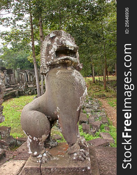Lion statue in Prasat Bayon, Angkor Thom, Siamreap, Khmer Republic