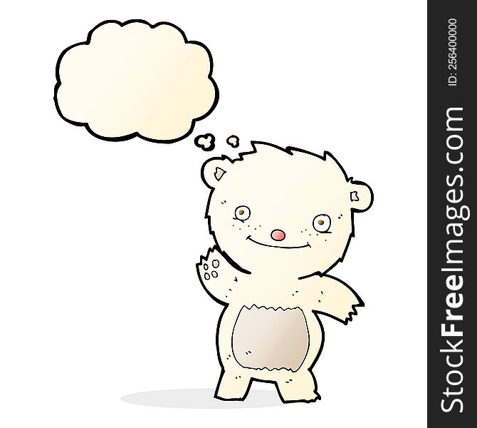 cartoon waving polar bear cub with thought bubble