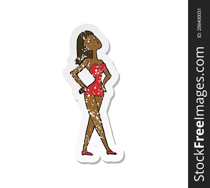 retro distressed sticker of a cartoon woman in party dress