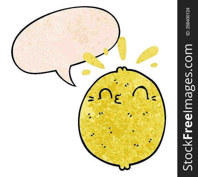 Cute Cartoon Lemon And Speech Bubble In Retro Texture Style