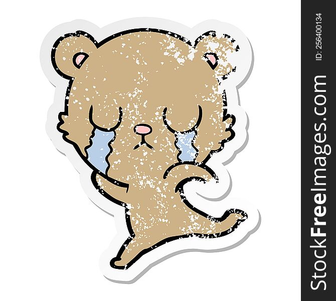 distressed sticker of a crying cartoon bear running away