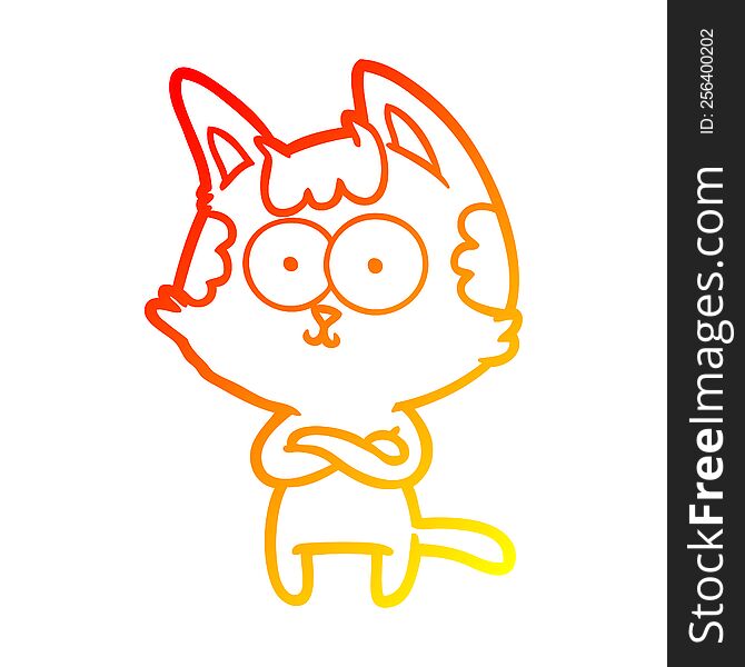 Warm Gradient Line Drawing Happy Cartoon Cat With Crossed Arms