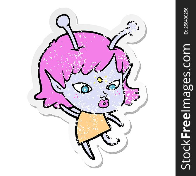 distressed sticker of a pretty cartoon alien girl dancing