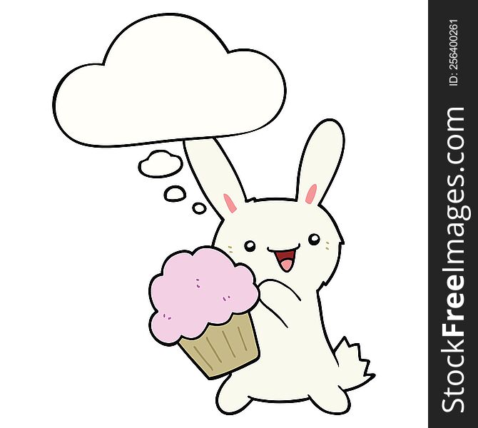 Cute Cartoon Rabbit With Muffin And Thought Bubble