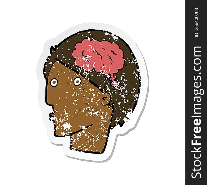 Retro Distressed Sticker Of A Cartoon Man With Brain Symbol