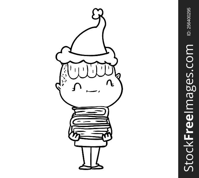 Line Drawing Of A Friendly Boy With Books Wearing Santa Hat