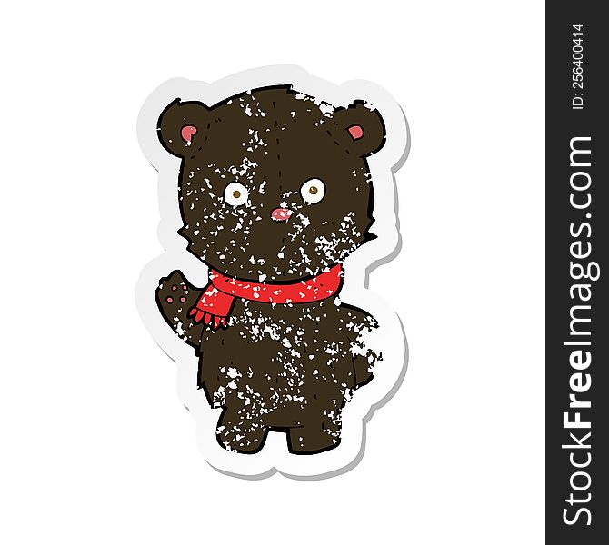 Retro Distressed Sticker Of A Cartoon Waving Black Bear Cub