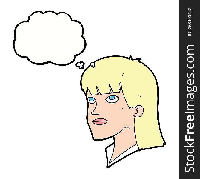 cartoon serious woman with thought bubble