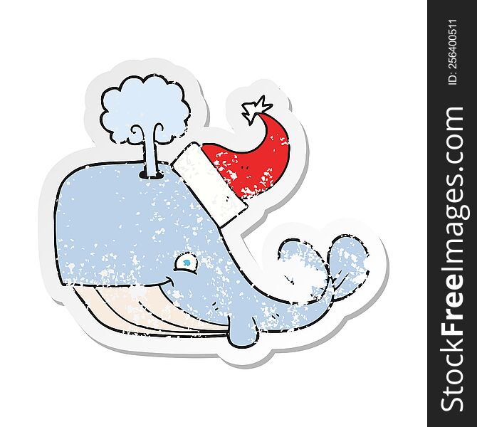 Retro Distressed Sticker Of A Cartoon Whale Wearing Christmas Hat