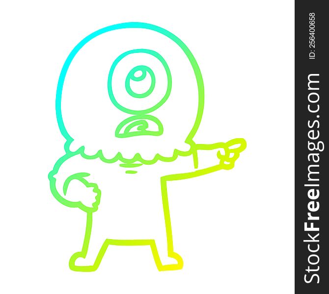 cold gradient line drawing of a cartoon cyclops alien spaceman pointing