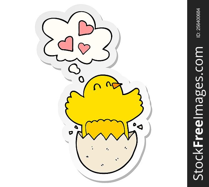 cute hatching chick cartoon with thought bubble as a printed sticker